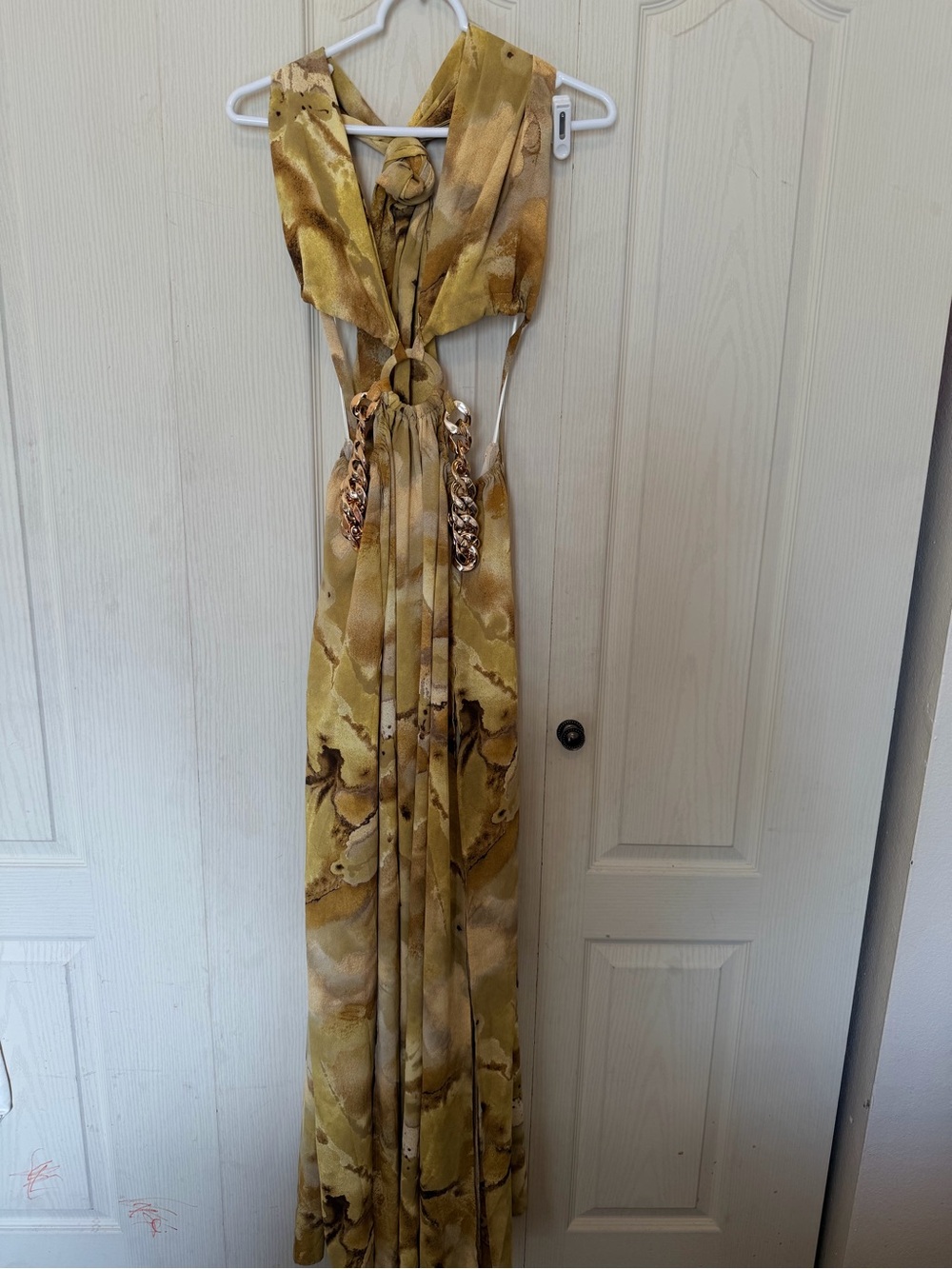 Luxxel Yellow Marble-Print Maxi Dress with Gold Chain Detail